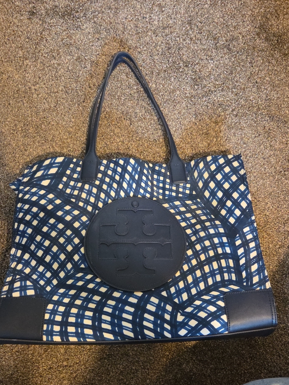Tory Burch Navy and Cream Printed Canvas Tote with Logo Medallion